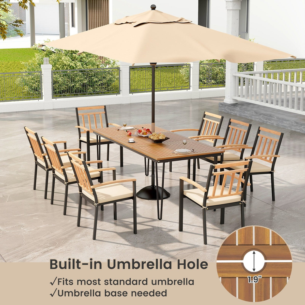 9-Piece Patio Dining Set 35.5 Inch Acacia Wood Table with Umbrella Hole and 24-Inch Wide Chairs view 7