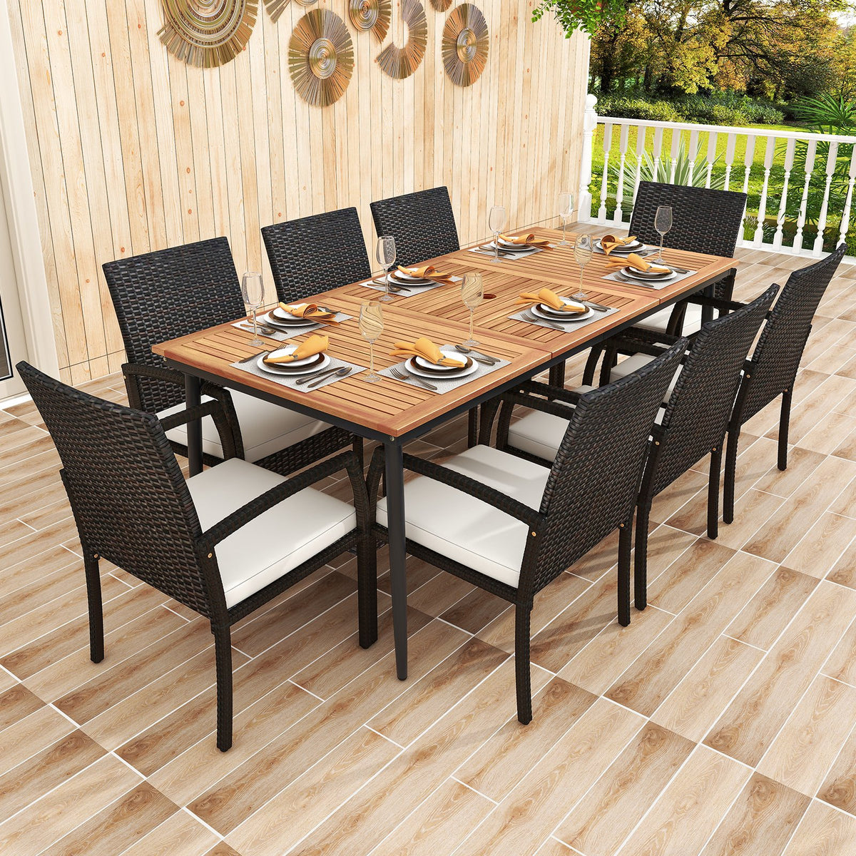 9-Piece Patio Dining Set with Umbrella Hole and 8 Rattan-woven Dining Chairs with Seat Cushions view 2