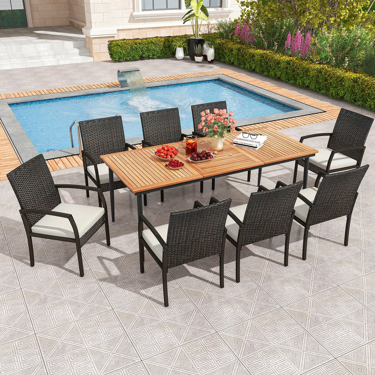 9-Piece Patio Dining Set with Umbrella Hole and 8 Rattan-woven Dining Chairs with Seat Cushions view 3