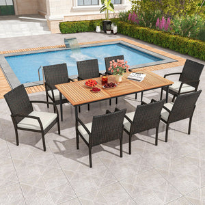 9-Piece Patio Dining Set with Umbrella Hole and 8 Rattan-woven Dining Chairs with Seat Cushions view 3