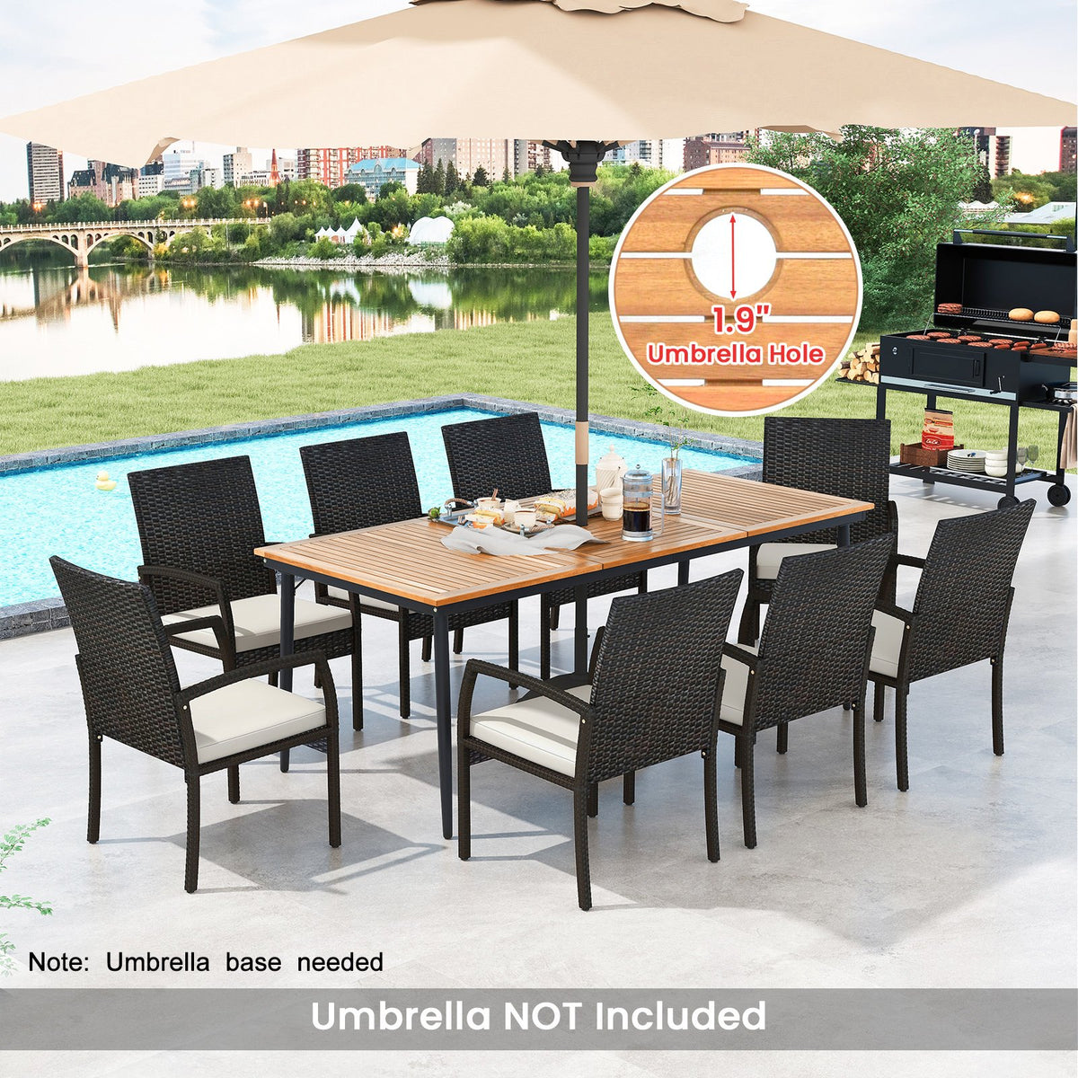 9-Piece Patio Dining Set with Umbrella Hole and 8 Rattan-woven Dining Chairs with Seat Cushions view 6