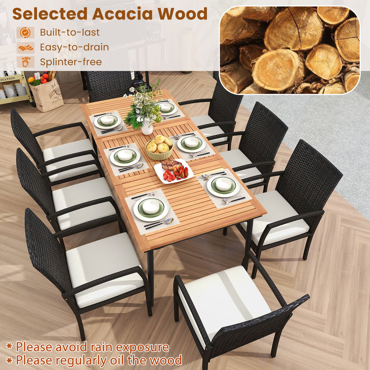 9-Piece Patio Dining Set with Umbrella Hole and 8 Rattan-woven Dining Chairs with Seat Cushions view 7