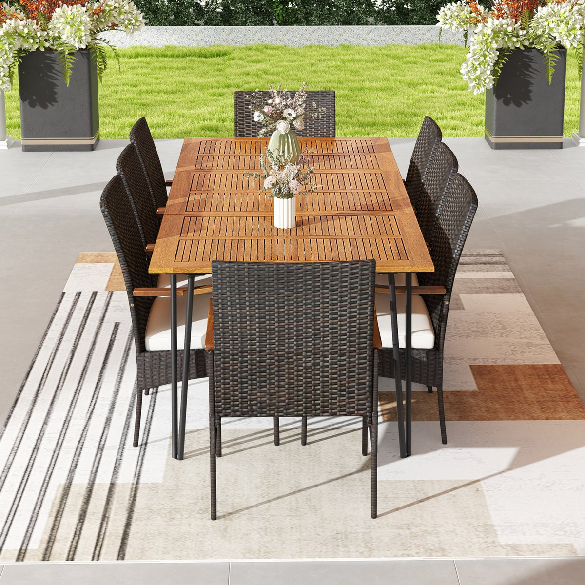 9 Pieces Outdoor Patio Dining Set with Soft Cushions and Umbrella Hole view 3