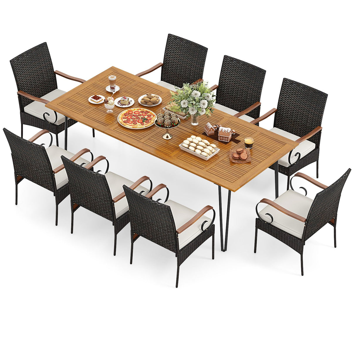 9 Pieces Outdoor Patio Dining Set with Soft Cushions and Umbrella Hole view 4