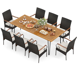 9 Pieces Outdoor Patio Dining Set with Soft Cushions and Umbrella Hole view 4