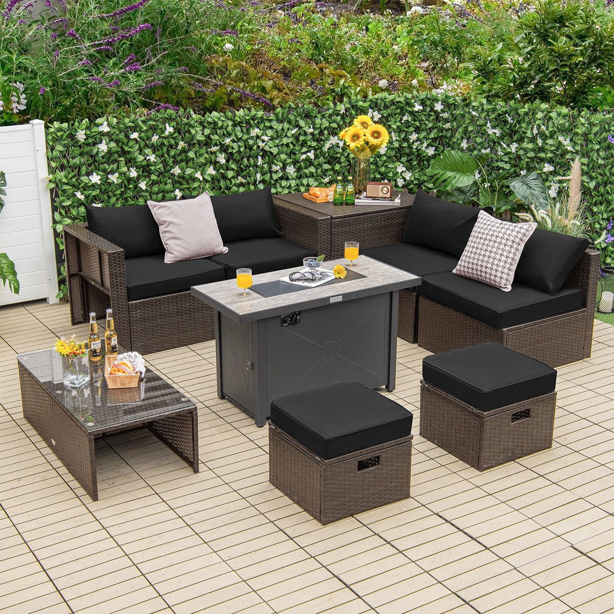 9 Pieces Outdoor Patio Furniture Set with 42 Inch Propane Fire Pit Table-Black view 2