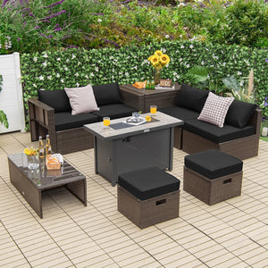 9 Pieces Outdoor Patio Furniture Set with 42 Inch Propane Fire Pit Table-Black view 2