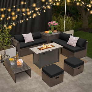 9 Pieces Outdoor Patio Furniture Set with 42 Inch Propane Fire Pit Table-Black view 3