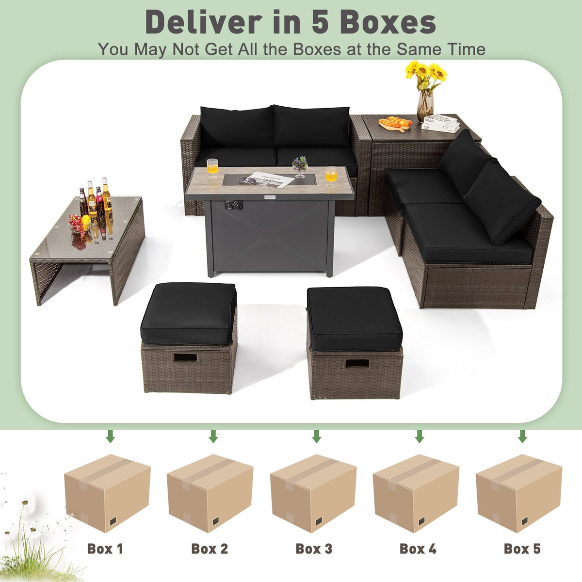 9 Pieces Outdoor Patio Furniture Set with 42 Inch Propane Fire Pit Table-Black view 7