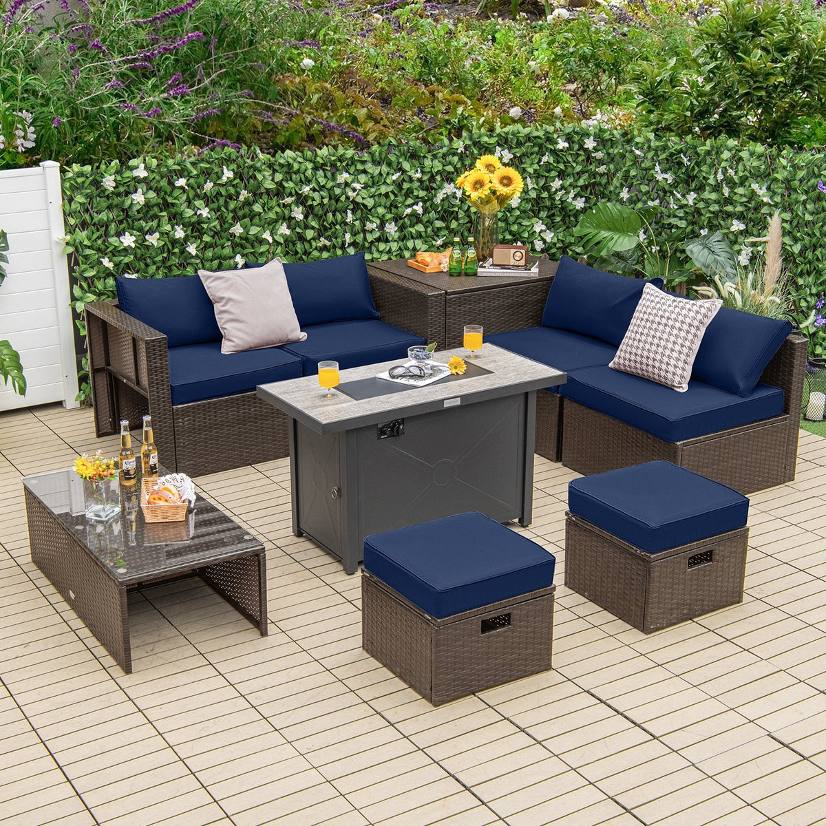 9 Pieces Outdoor Patio Furniture Set with 42 Inch Propane Fire Pit Table-Navy view 2