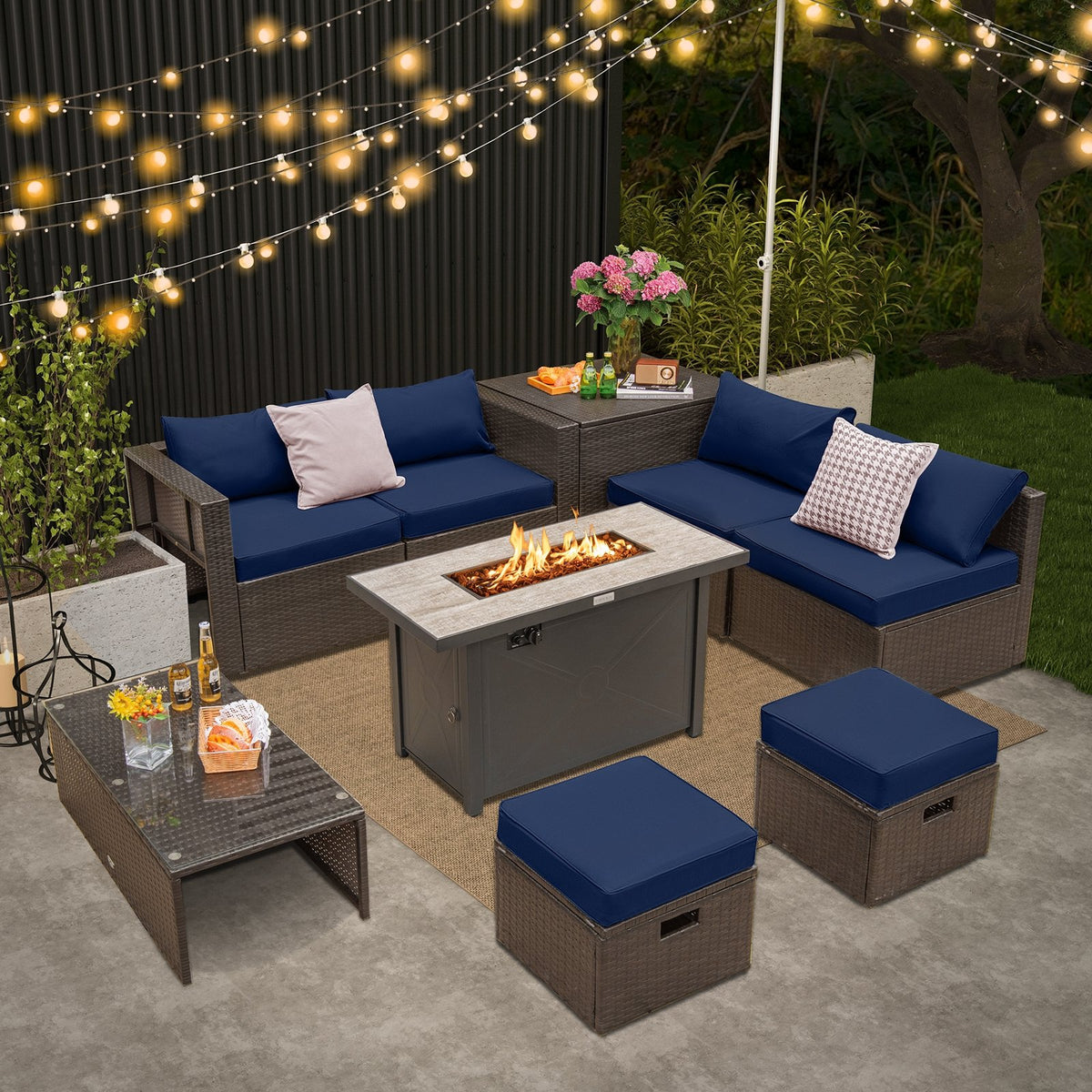 9 Pieces Outdoor Patio Furniture Set with 42 Inch Propane Fire Pit Table-Navy view 3
