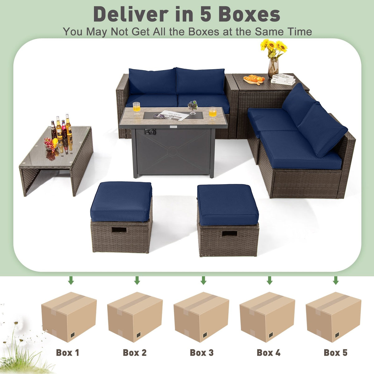 9 Pieces Outdoor Patio Furniture Set with 42 Inch Propane Fire Pit Table-Navy view 6