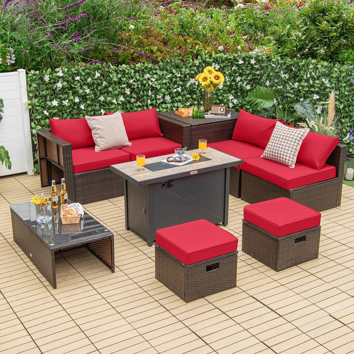 9 Pieces Outdoor Patio Furniture Set with 42 Inch Propane Fire Pit Table-Red view 2