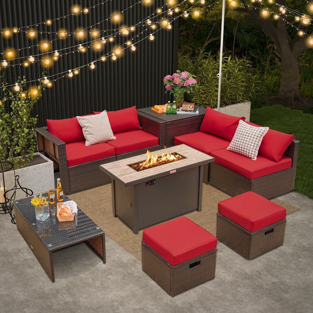 9 Pieces Outdoor Patio Furniture Set with 42 Inch Propane Fire Pit Table-Red view 3