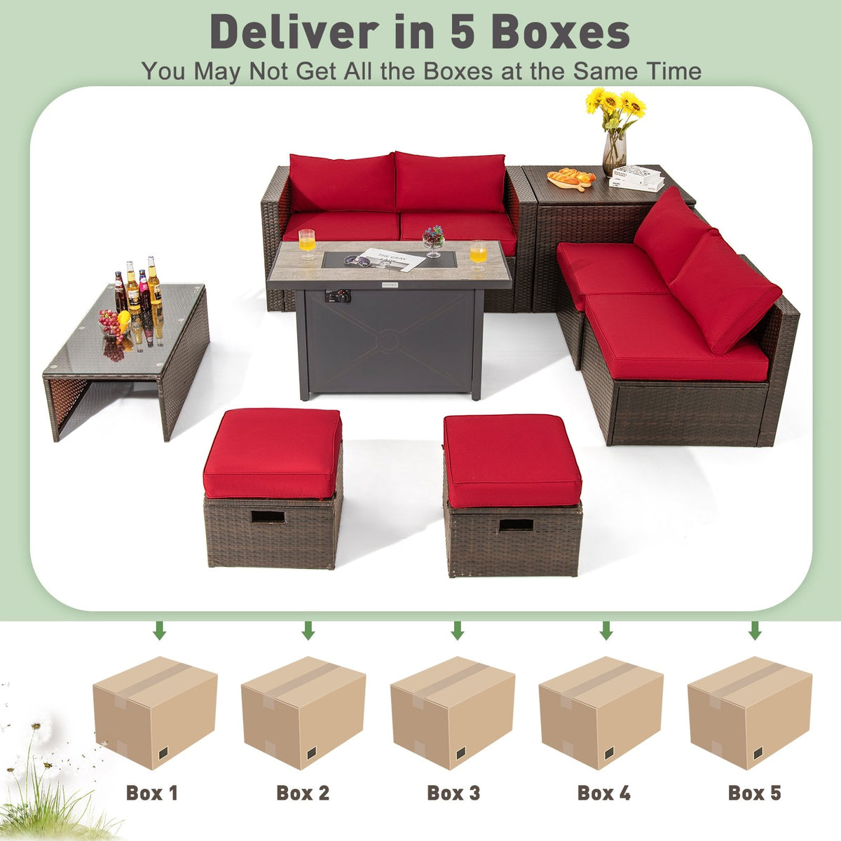 9 Pieces Outdoor Patio Furniture Set with 42 Inch Propane Fire Pit Table-Red view 7