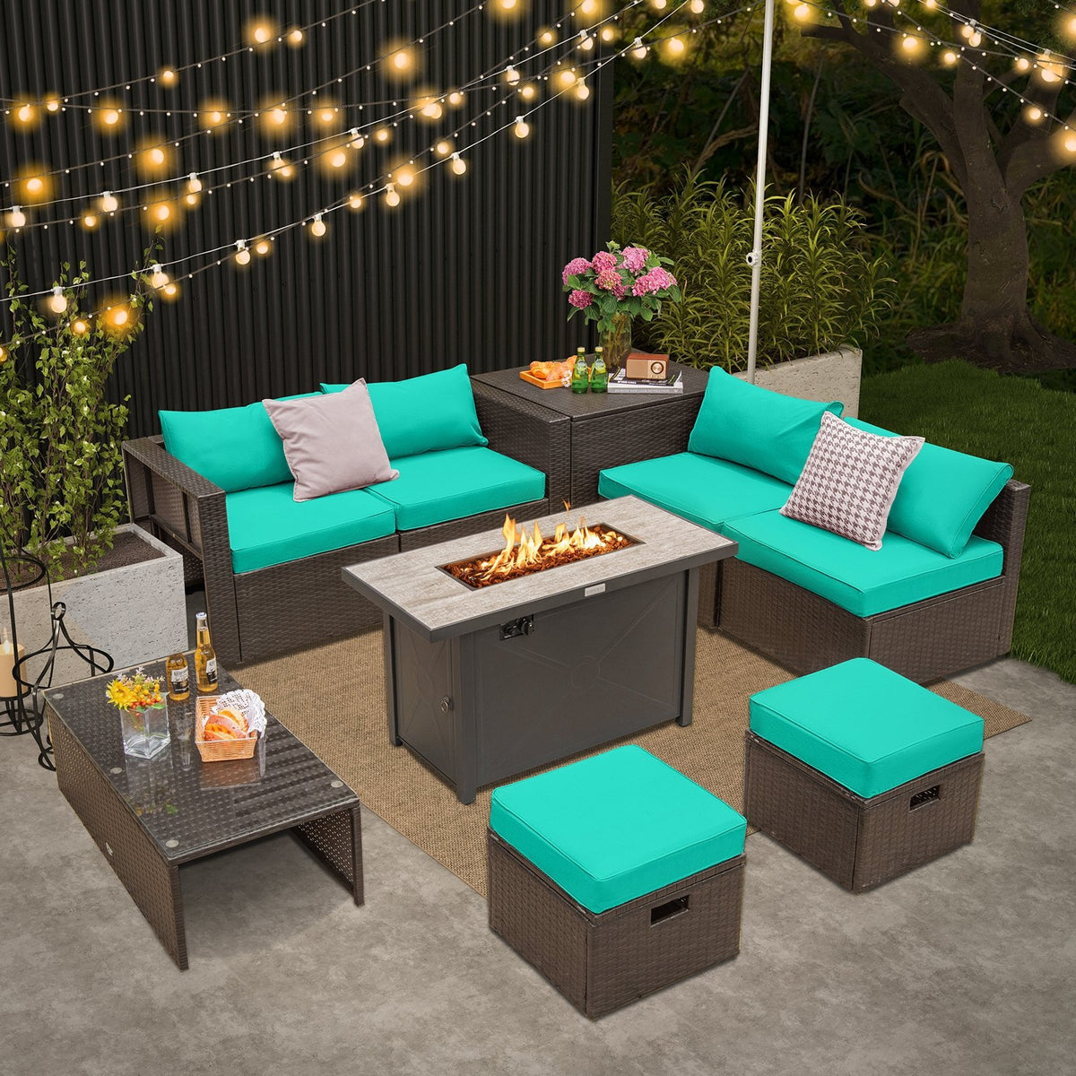 9 Pieces Outdoor Patio Furniture Set with 42 Inch Propane Fire Pit Table-Turquoise view 3