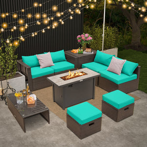 9 Pieces Outdoor Patio Furniture Set with 42 Inch Propane Fire Pit Table-Turquoise view 3