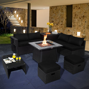 9 Pieces Outdoor Wicker Sectional with 35 Inch Gas Fire Pit Table-Black view 2
