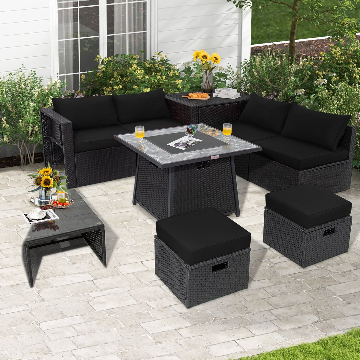 9 Pieces Outdoor Wicker Sectional with 35 Inch Gas Fire Pit Table-Black view 3
