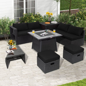 9 Pieces Outdoor Wicker Sectional with 35 Inch Gas Fire Pit Table-Black view 3