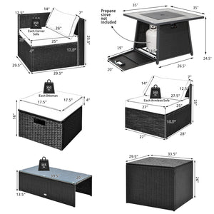 9 Pieces Outdoor Wicker Sectional with 35 Inch Gas Fire Pit Table-Black view 4
