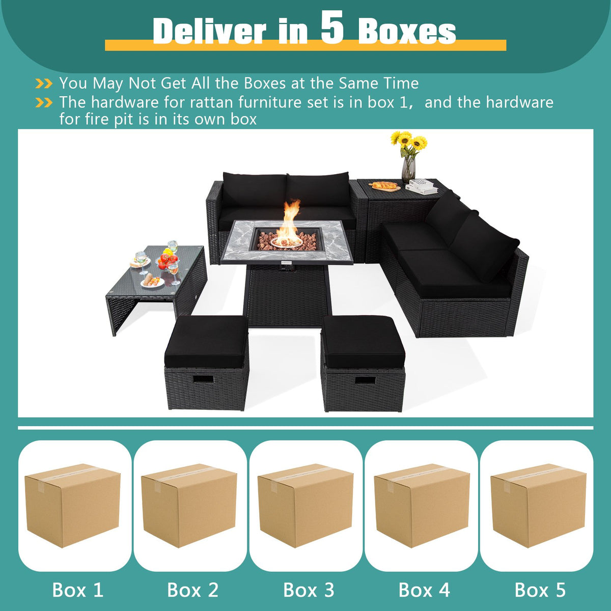 9 Pieces Outdoor Wicker Sectional with 35 Inch Gas Fire Pit Table-Black view 5