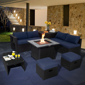 9 Pieces Outdoor Wicker Sectional with 35 Inch Gas Fire Pit Table-Navy view 2