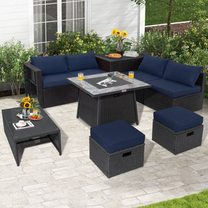 9 Pieces Outdoor Wicker Sectional with 35 Inch Gas Fire Pit Table-Navy view 3