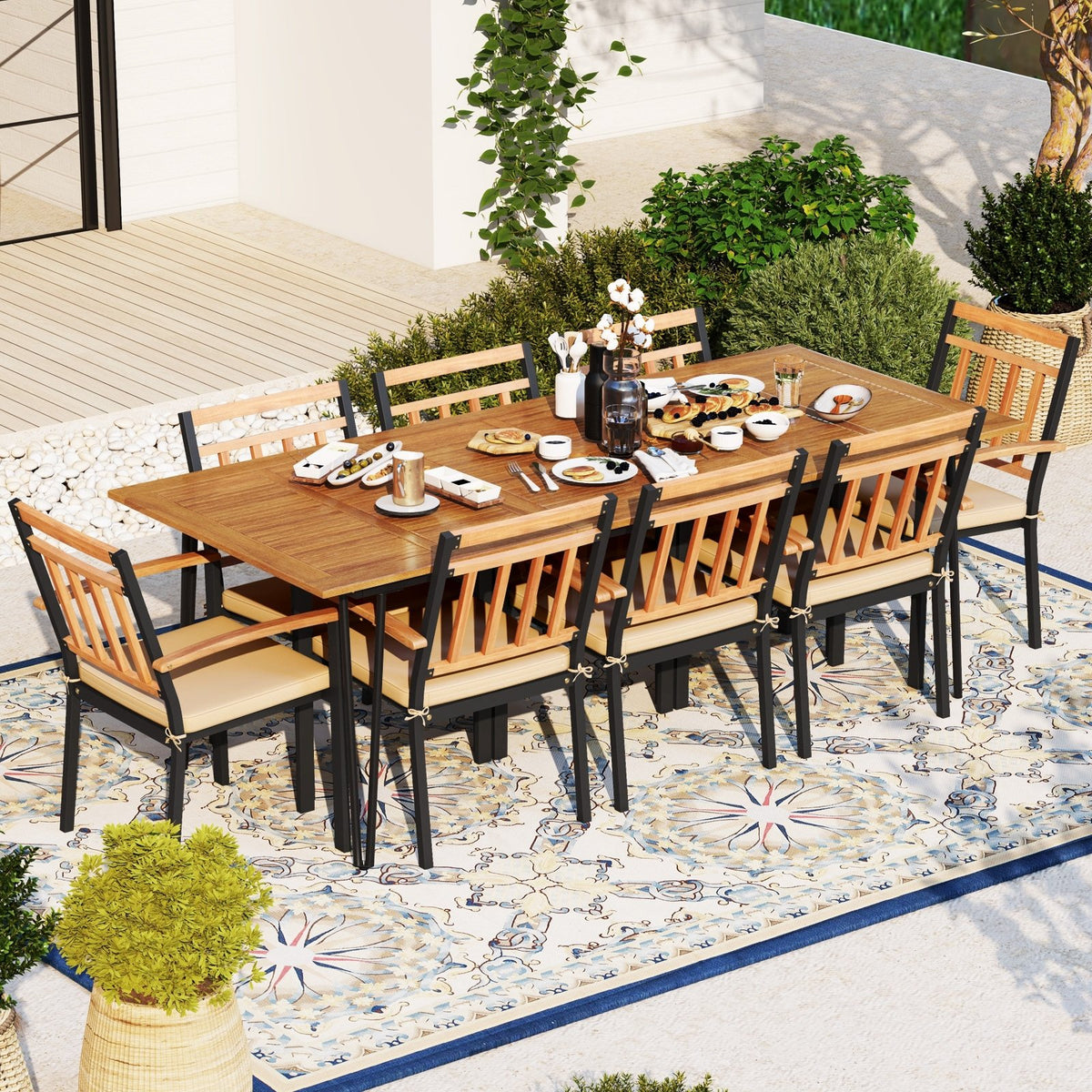 9 Pieces Patio Dining Outdoor Furniture Set with 8 Chairs and Umbrella Hole view 3