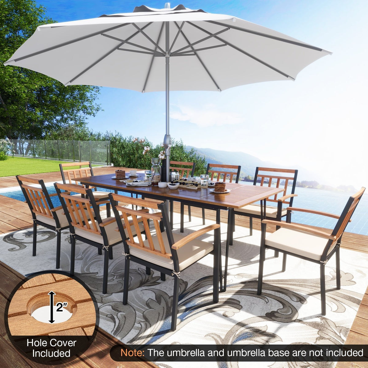 9 Pieces Patio Dining Outdoor Furniture Set with 8 Chairs and Umbrella Hole view 6