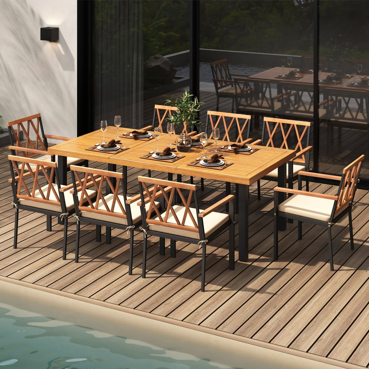 9 Pieces Patio Dining Set 39.5 Inch Acacia Wood Table with Umbrella Hole and 22.5-Inch Wide Chairs view 2