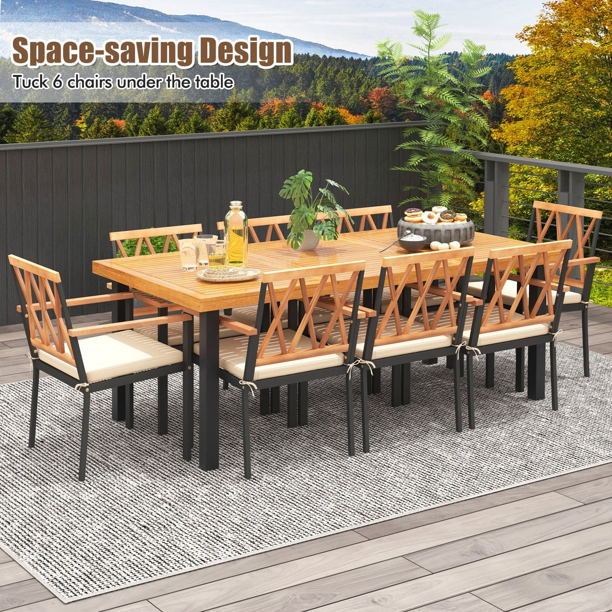 9 Pieces Patio Dining Set 39.5 Inch Acacia Wood Table with Umbrella Hole and 22.5-Inch Wide Chairs view 3