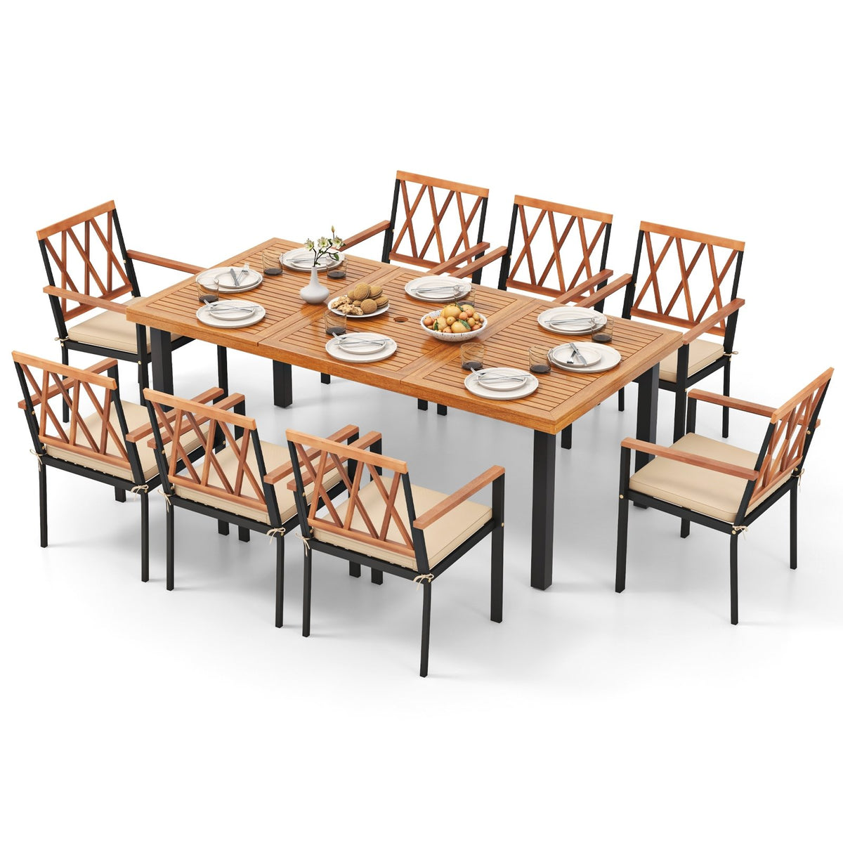 9 Pieces Patio Dining Set 39.5 Inch Acacia Wood Table with Umbrella Hole and 22.5-Inch Wide Chairs view 4
