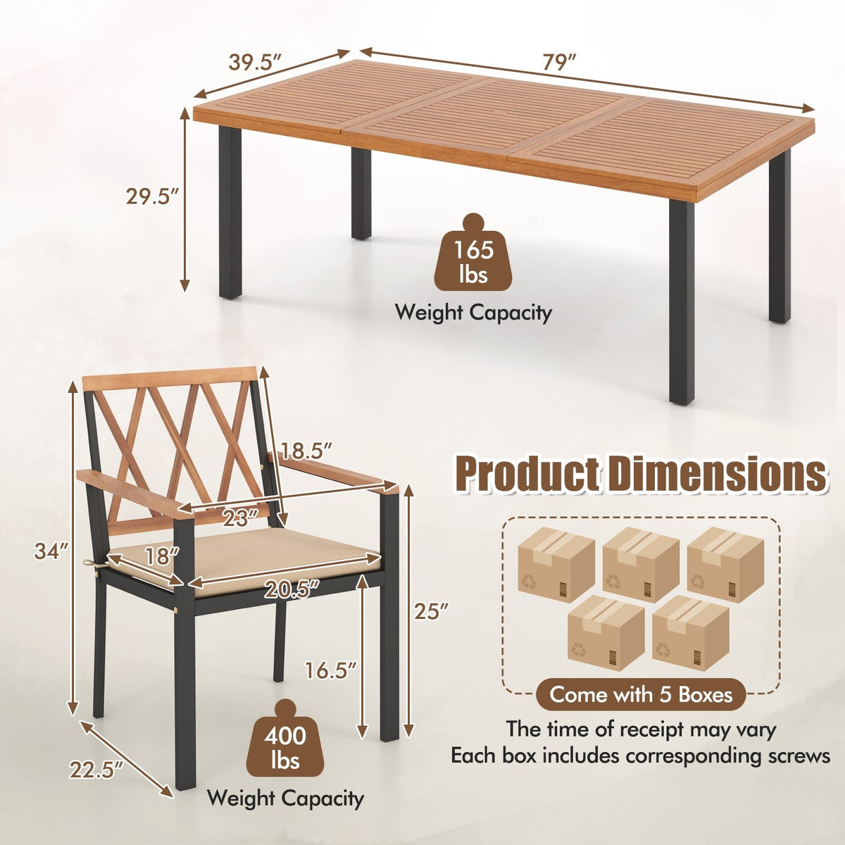 9 Pieces Patio Dining Set 39.5 Inch Acacia Wood Table with Umbrella Hole and 22.5-Inch Wide Chairs view 5