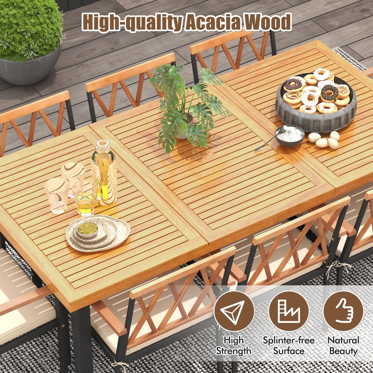 9 Pieces Patio Dining Set 39.5 Inch Acacia Wood Table with Umbrella Hole and 22.5-Inch Wide Chairs view 6