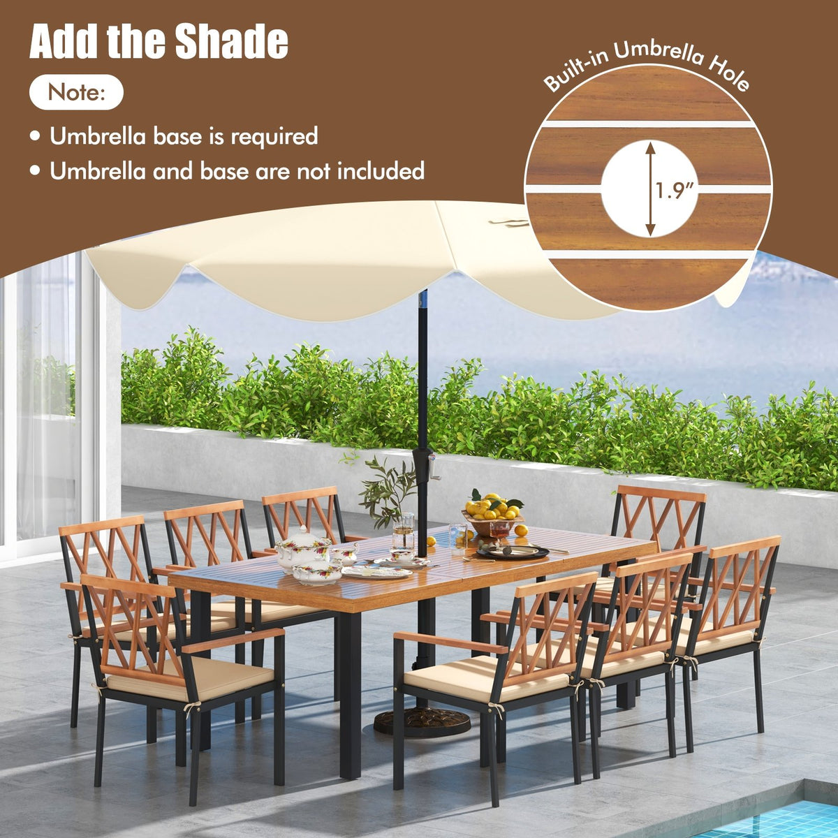 9 Pieces Patio Dining Set 39.5 Inch Acacia Wood Table with Umbrella Hole and 22.5-Inch Wide Chairs view 7