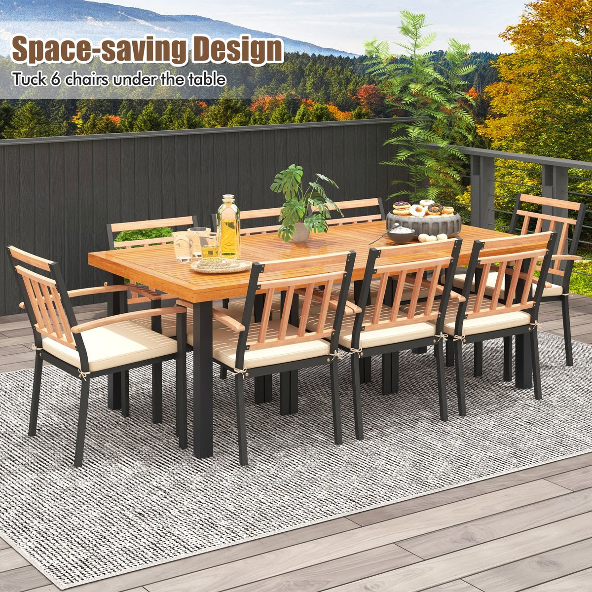 9 Pieces Patio Dining Set 39.5 Inch Acacia Wood Table with Umbrella Hole and 24-Inch Wide Chairs view 3