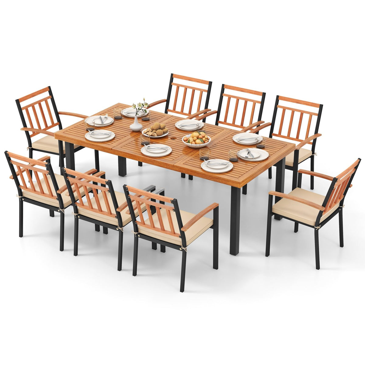 9 Pieces Patio Dining Set 39.5 Inch Acacia Wood Table with Umbrella Hole and 24-Inch Wide Chairs view 4