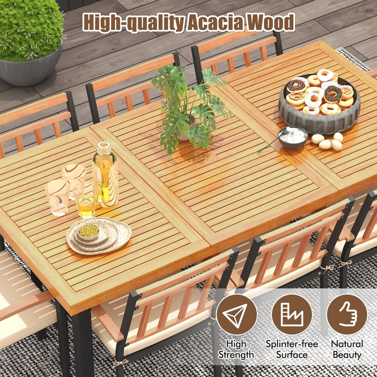9 Pieces Patio Dining Set 39.5 Inch Acacia Wood Table with Umbrella Hole and 24-Inch Wide Chairs view 6
