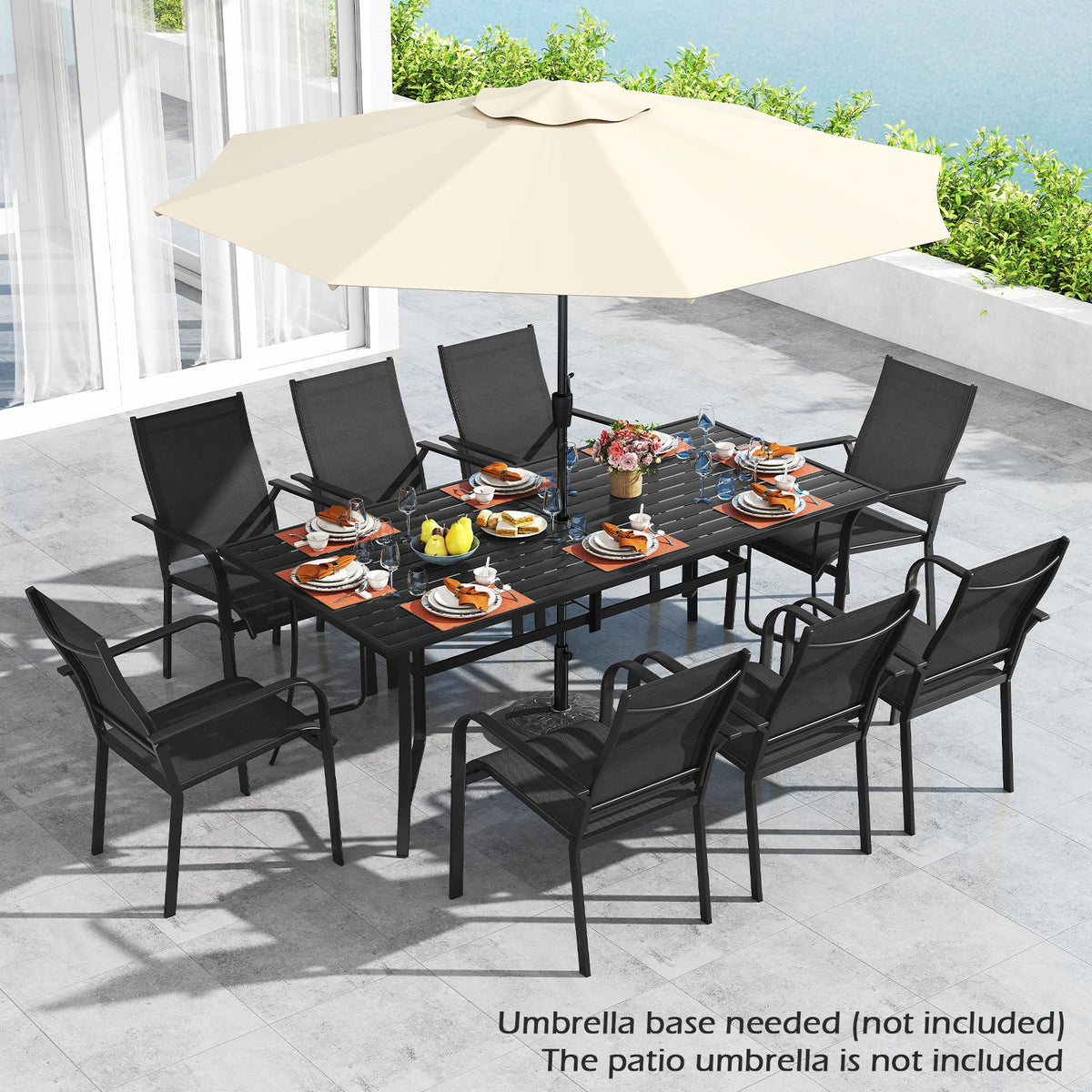 9 Pieces Patio Dining Set for 8 Stackable Chairs and Outdoor Rectangular Table-Black view 2