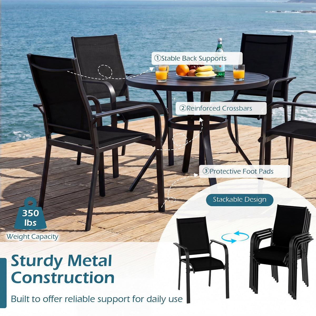 9 Pieces Patio Dining Set for 8 Stackable Chairs and Outdoor Rectangular Table-Black view 6