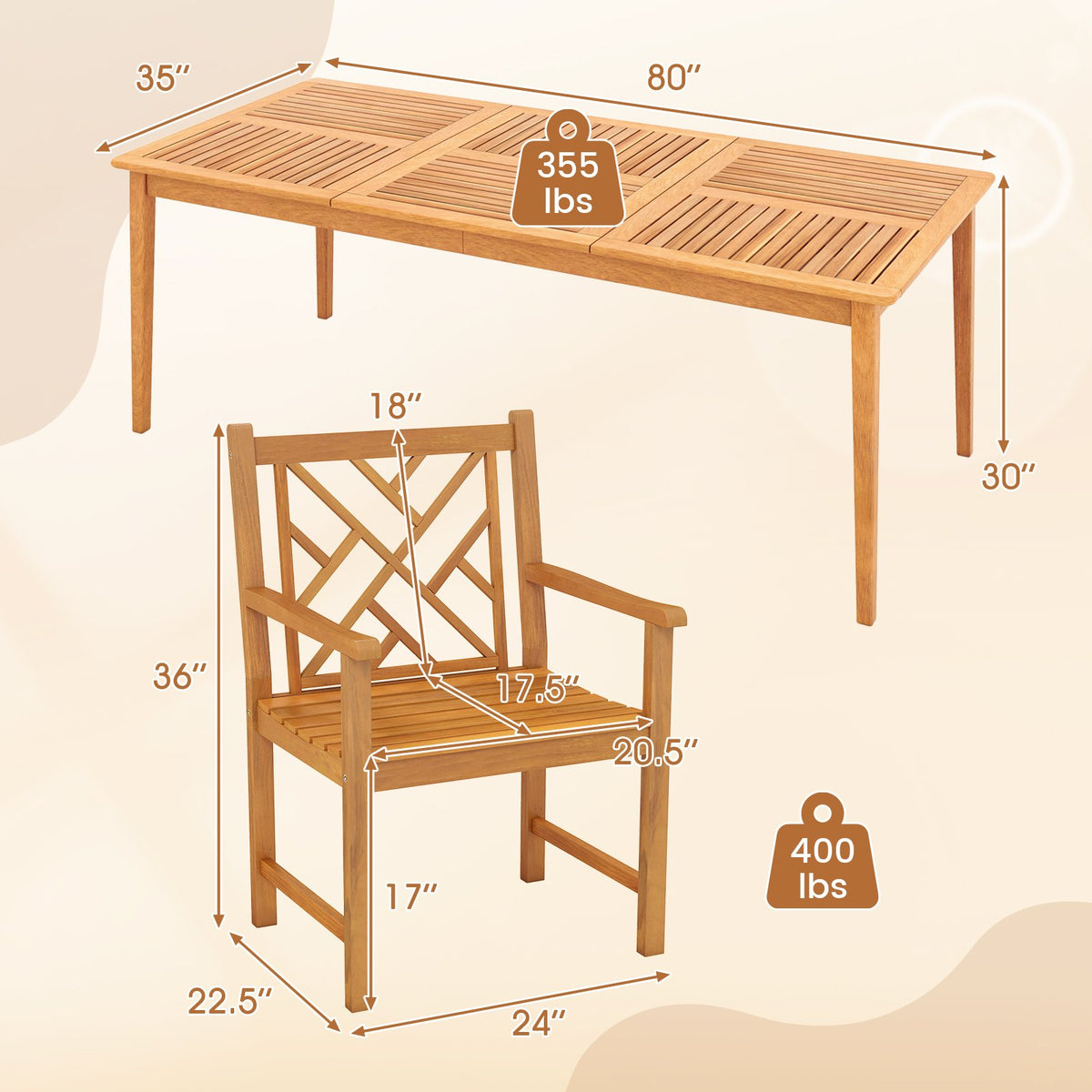 9-Pieces Patio Dining Table Set Wood Rectangular Dining Table with 8 Chairs and Slatted Tabletop view 5