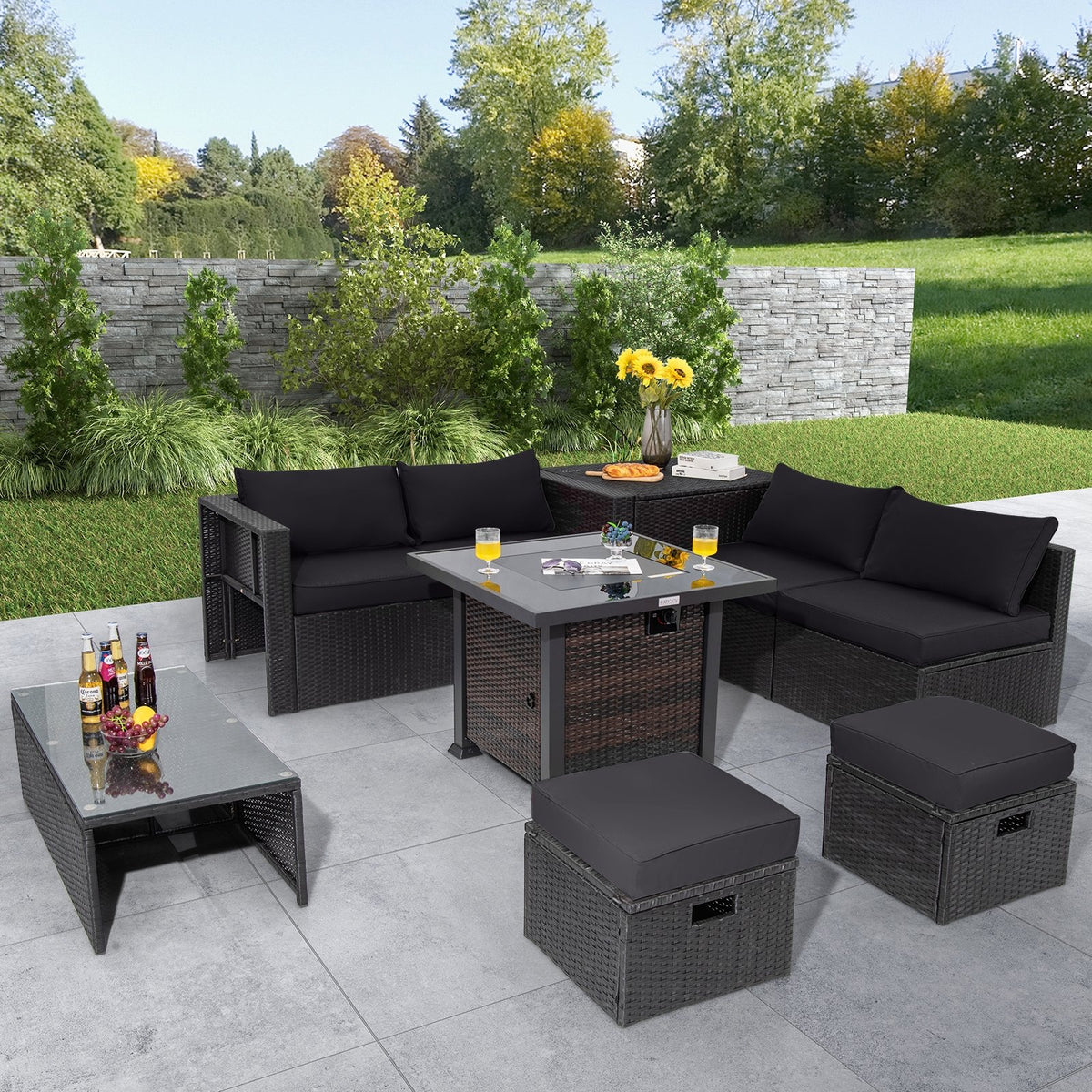 9 Pieces Patio Furniture Set with 32” Fire Pit Table and 50000 BTU Square Propane Fire Pit-Black view 2