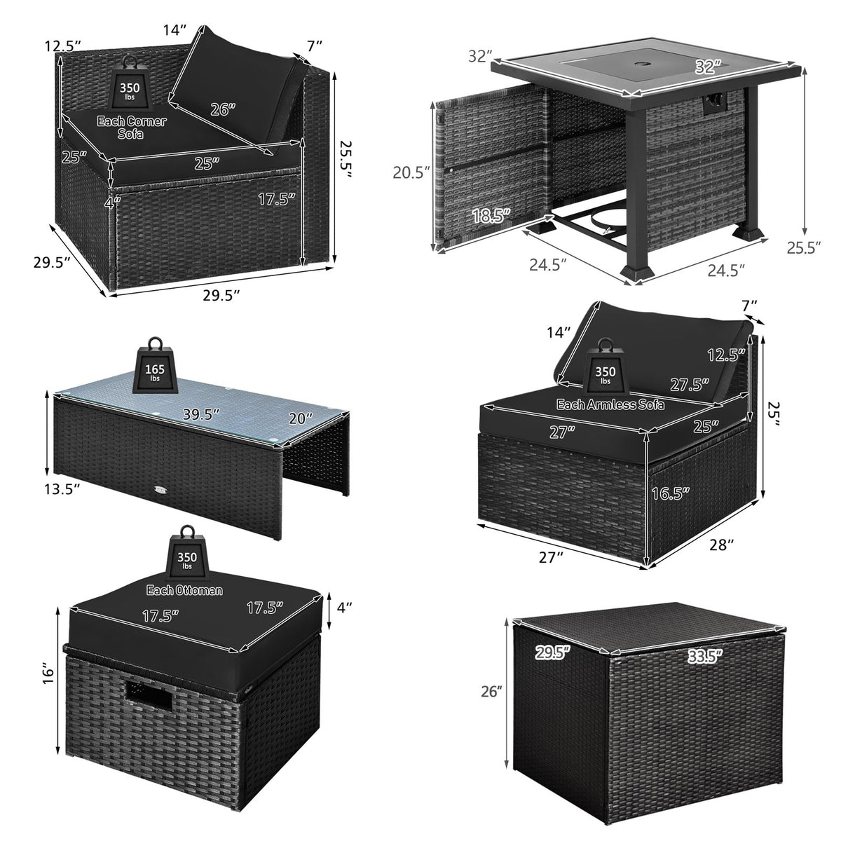 9 Pieces Patio Furniture Set with 32” Fire Pit Table and 50000 BTU Square Propane Fire Pit-Black view 5
