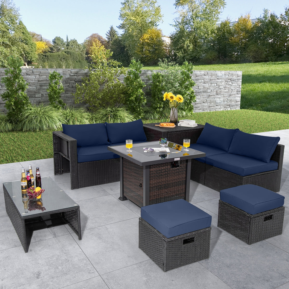 9 Pieces Patio Furniture Set with 32” Fire Pit Table and 50000 BTU Square Propane Fire Pit-Navy view 2