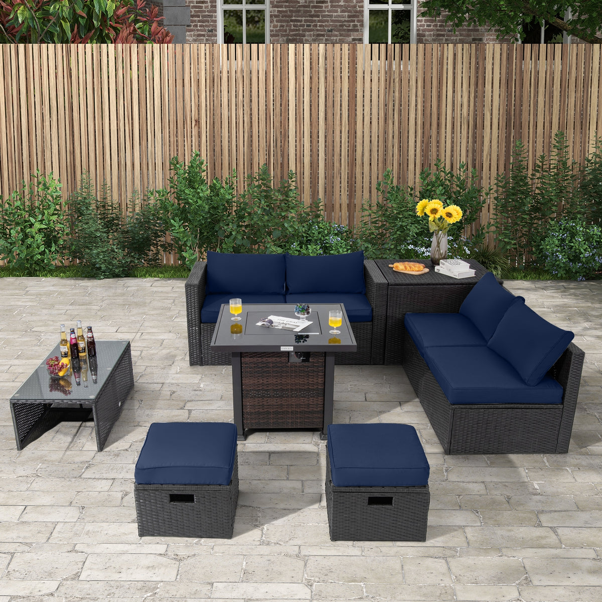 9 Pieces Patio Furniture Set with 32” Fire Pit Table and 50000 BTU Square Propane Fire Pit-Navy view 3