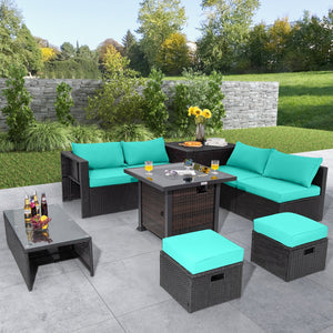 9 Pieces Patio Furniture Set with 32” Fire Pit Table and 50000 BTU Square Propane Fire Pit-Turquoise view 2