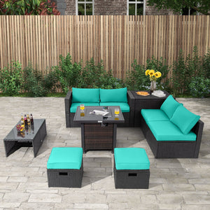 9 Pieces Patio Furniture Set with 32” Fire Pit Table and 50000 BTU Square Propane Fire Pit-Turquoise view 3