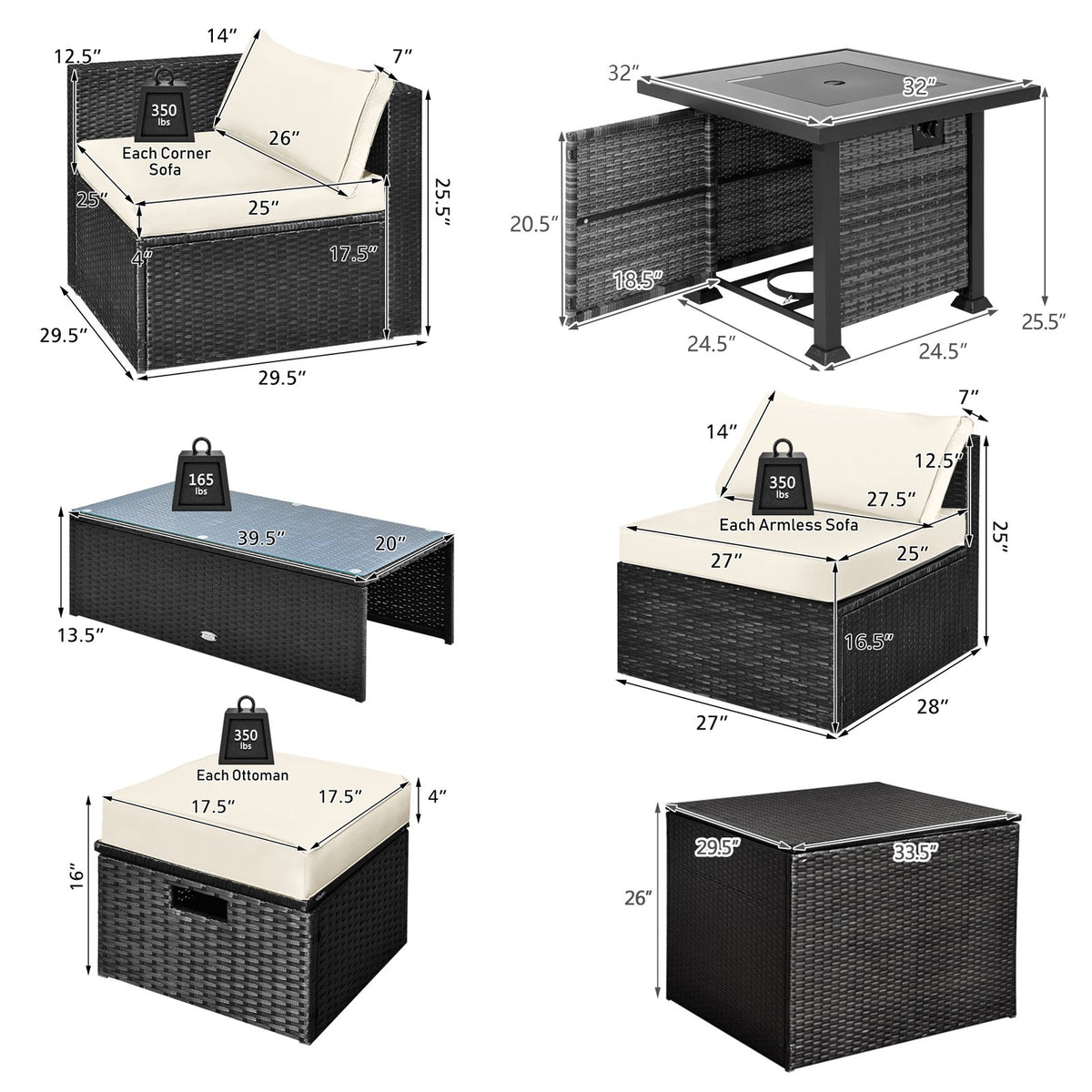 9 Pieces Patio Furniture Set with 32” Fire Pit Table and 50000 BTU Square Propane Fire Pit-White view 5