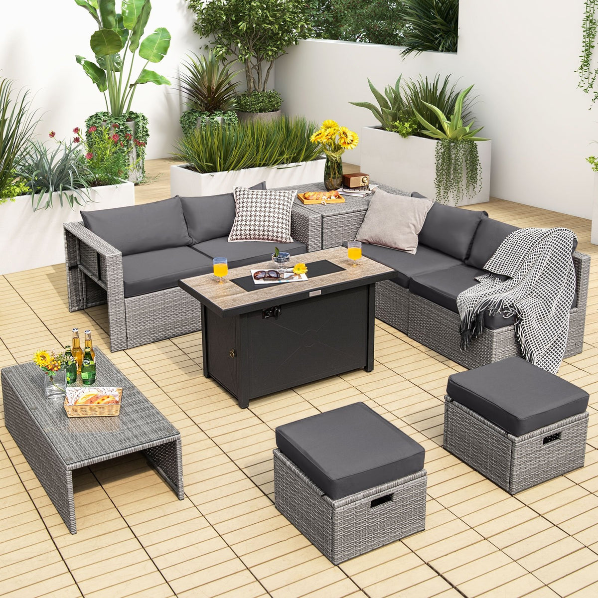 9 Pieces Patio Furniture Set with 42 Inches 60000 BTU Fire Pit-Gray view 2